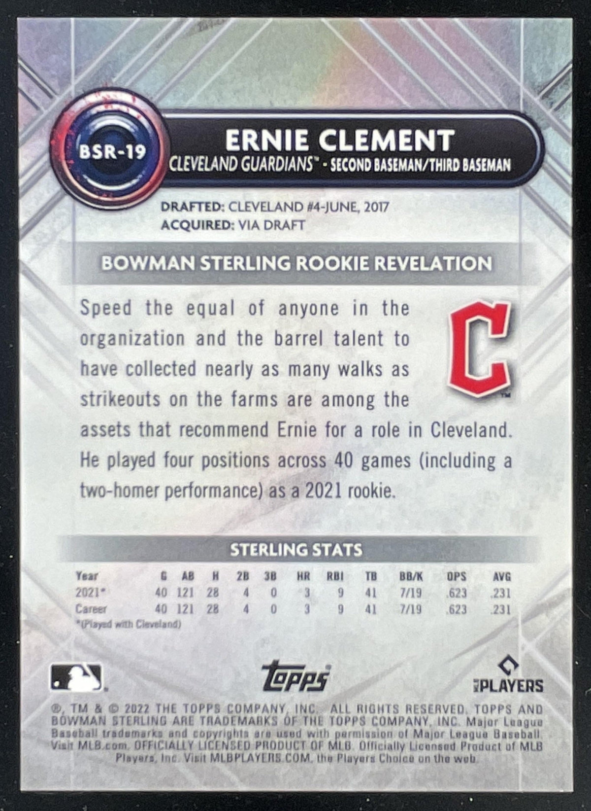 2022 Bowman Sterling Speckle Refractor #BSR-19 Ernie Clement RC /99 product image 2, provided for visual reference and