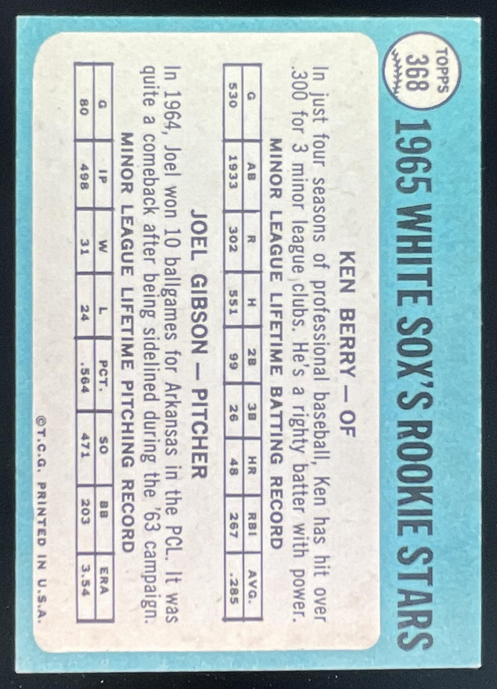 1965 Topps #368 White Sox 1965 Rookie Stars Ken Berry Joel Gibson RS, RC product image 2, provided for visual reference and