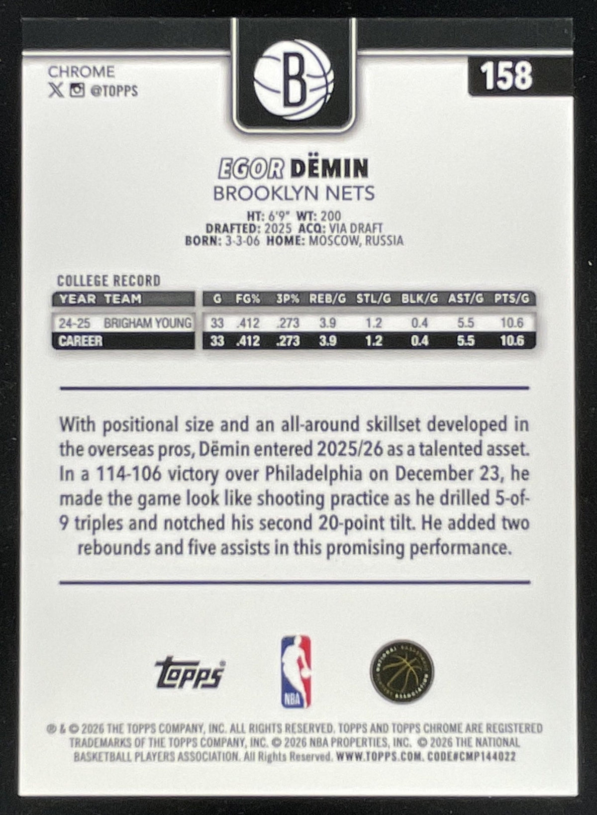 2025-26 Topps Chrome Update Sapphire Purple Refractor #158 Egor Demin RC /75 product image 2, provided for visual reference