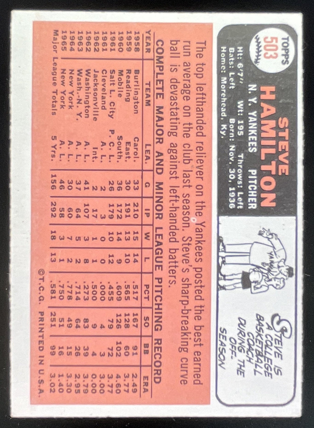 1966 Topps #503 Steve Hamilton product image 2, provided for visual reference and product detail review