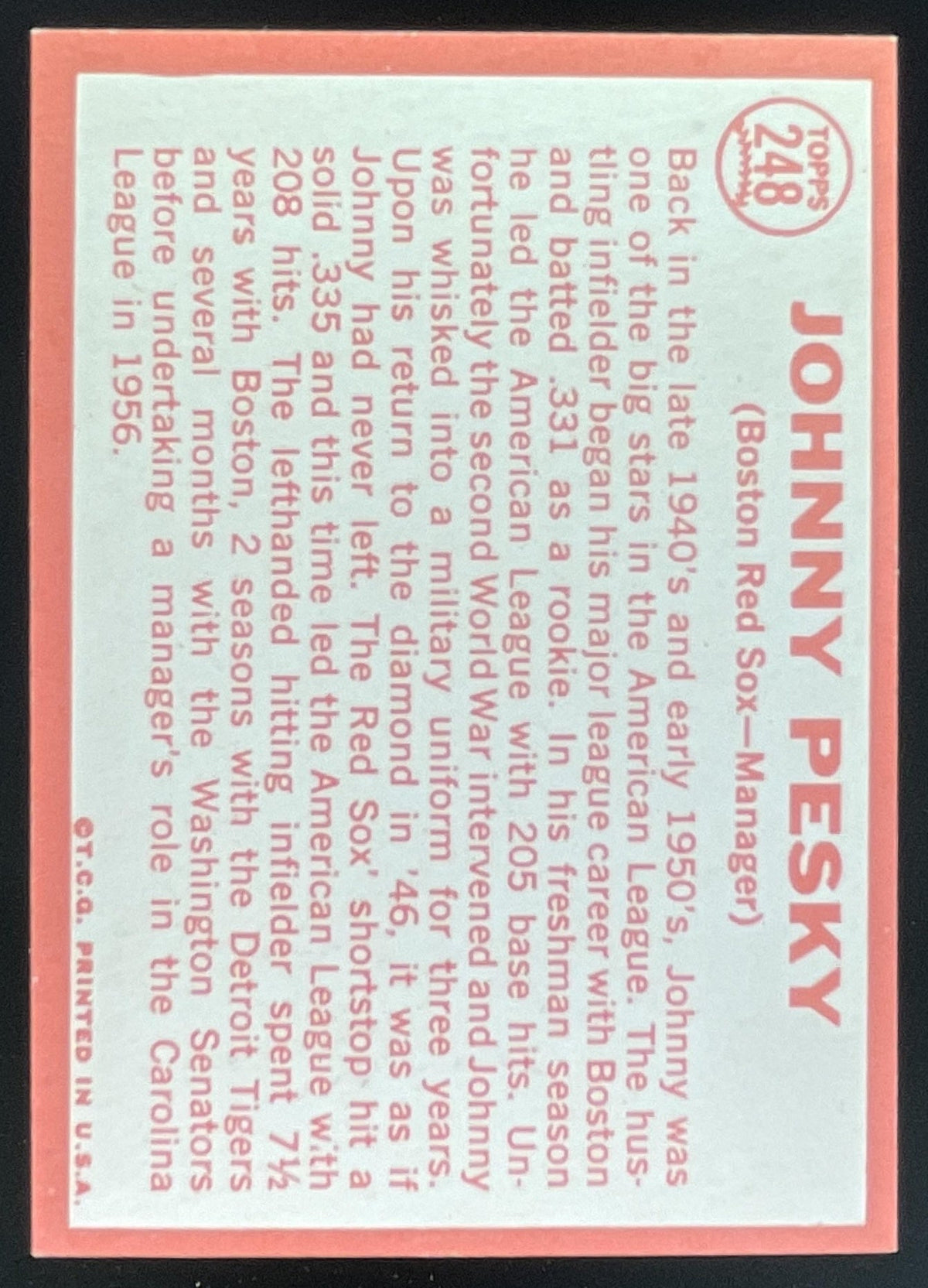 1964 Topps #248 Johnny Pesky product image 2, provided for visual reference and product detail review