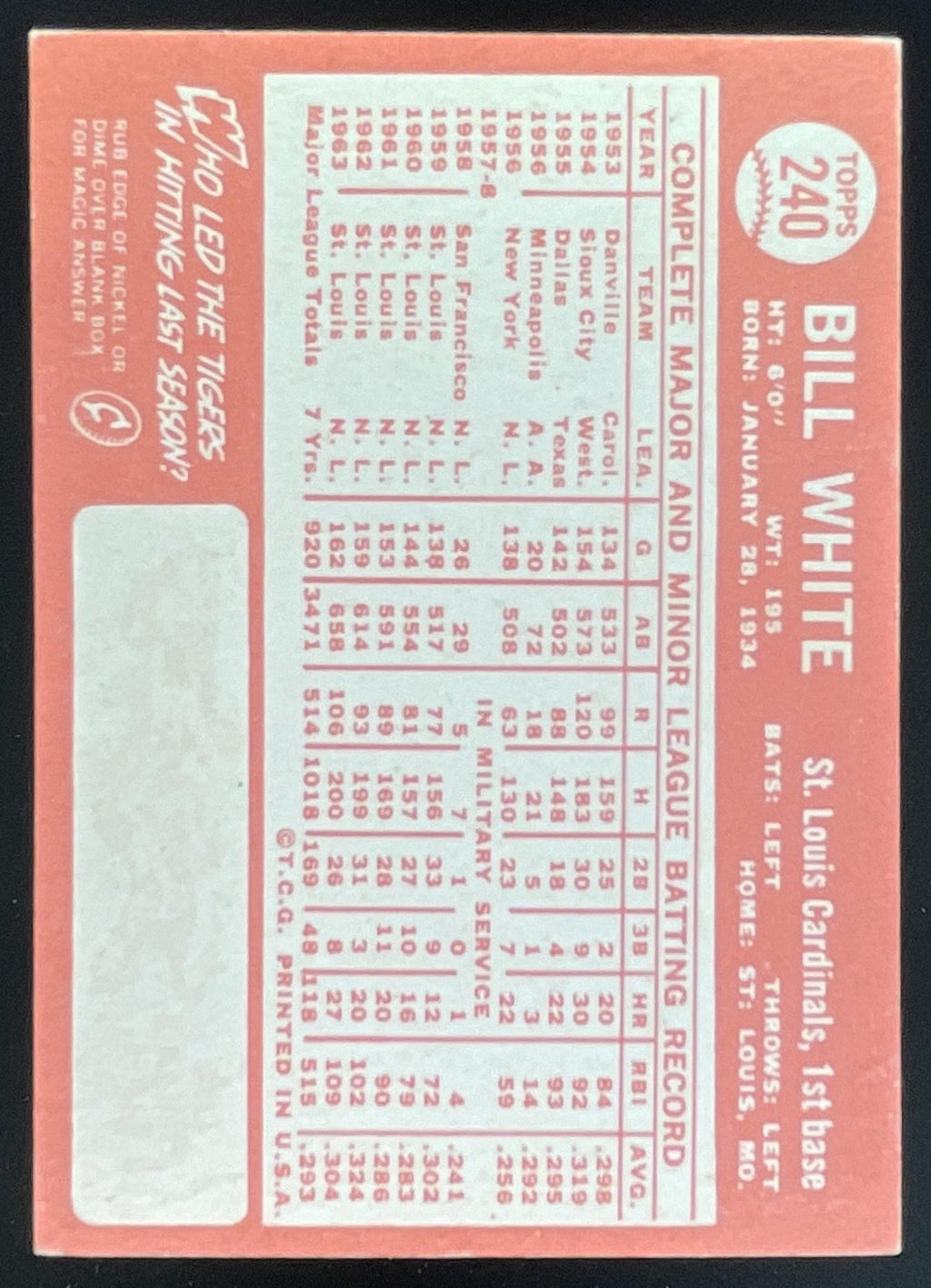 1964 Topps #240 Bill White product image 2, provided for visual reference and product detail review
