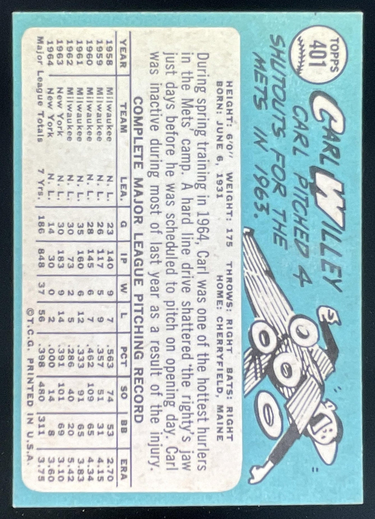 1965 Topps #401 Carl Willey product image 2, provided for visual reference and product detail review