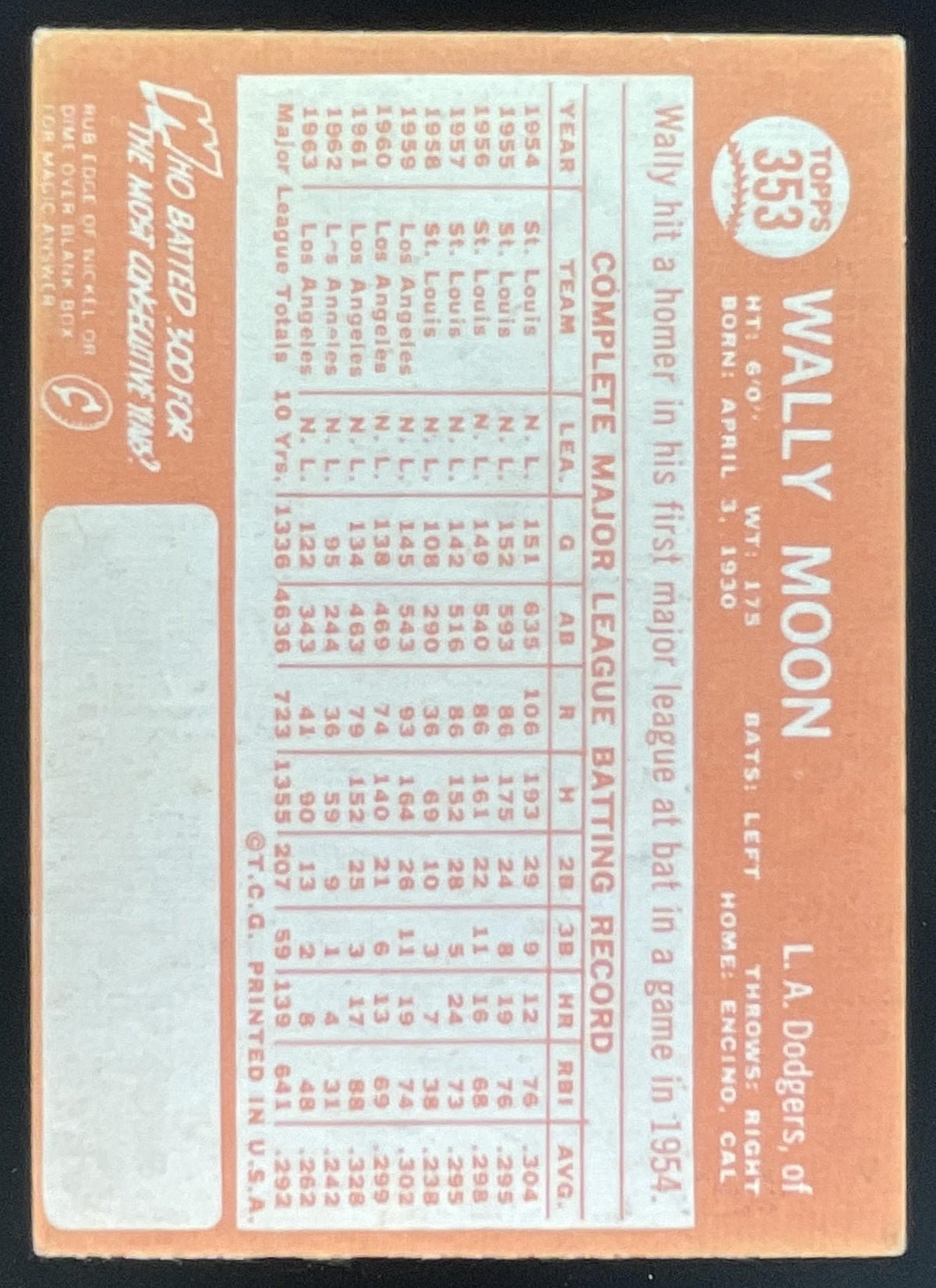 1964 Topps #353 Wally Moon product image 2, provided for visual reference and product detail review