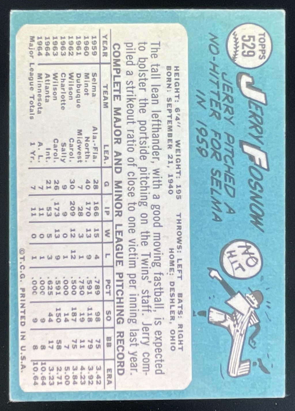 1965 Topps #529 Jerry Fosnow RC product image 2, provided for visual reference and product detail review