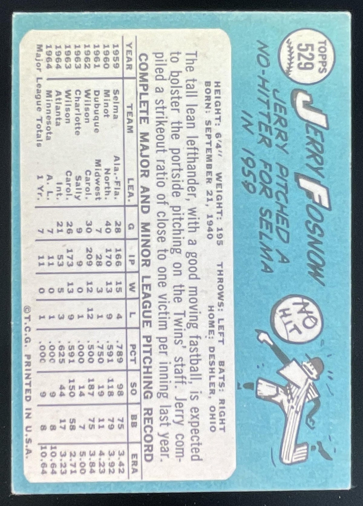 1965 Topps #529 Jerry Fosnow RC product image 2, provided for visual reference and product detail review