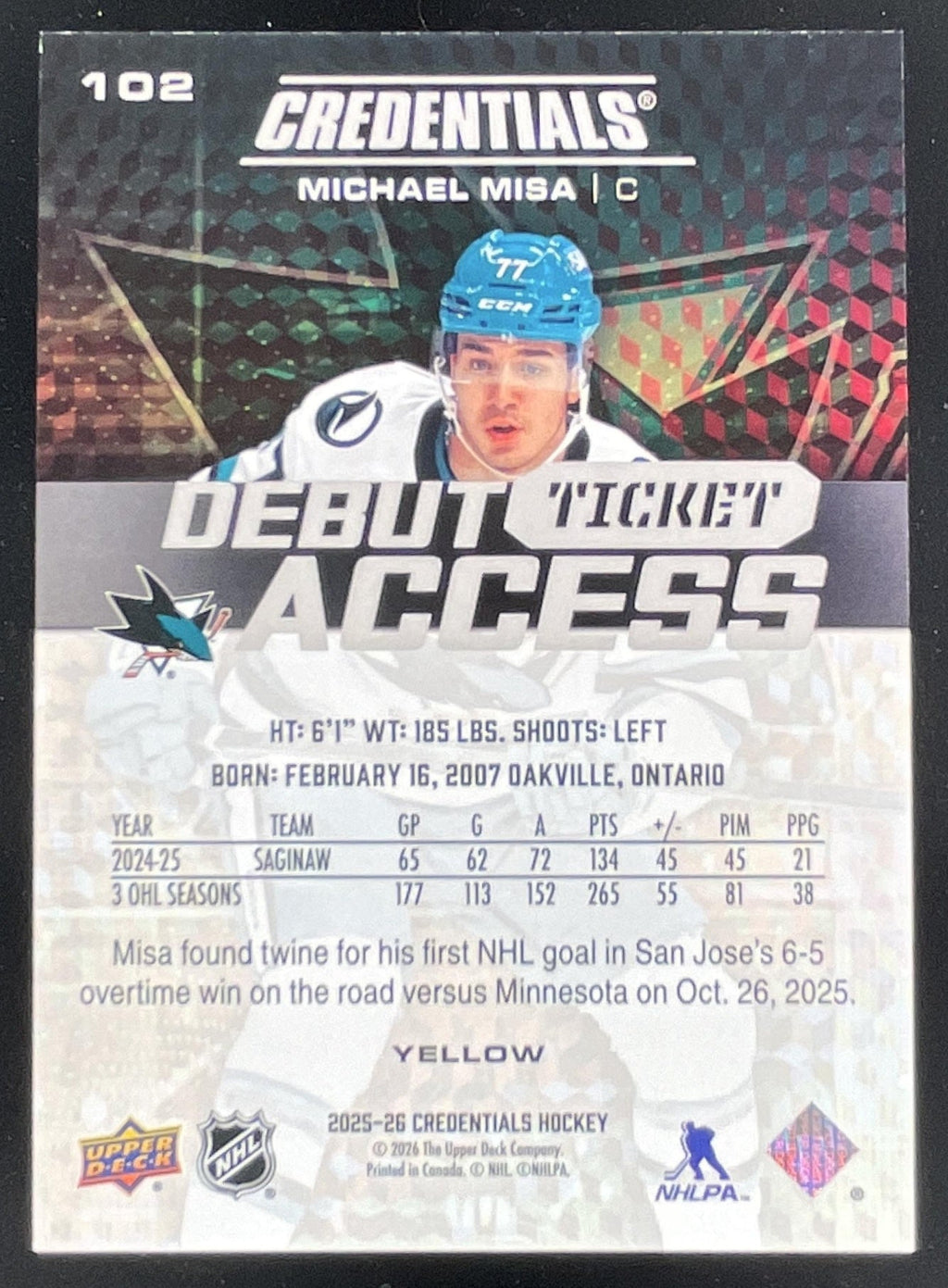 2025 UD Credentials Debut Ticket Access Yellow #102 Michael Misa RC /60 product image 2, provided for visual reference and
