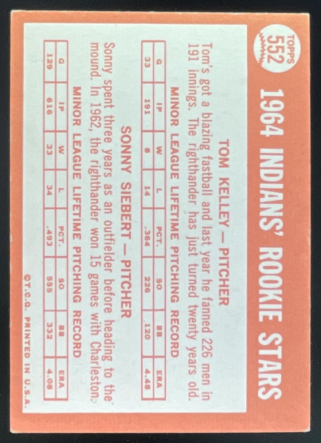 1964 Topps #552 Indians 1964 Rookie Stars Tom Kelley Sonny Siebert RC product image 2, provided for visual reference and