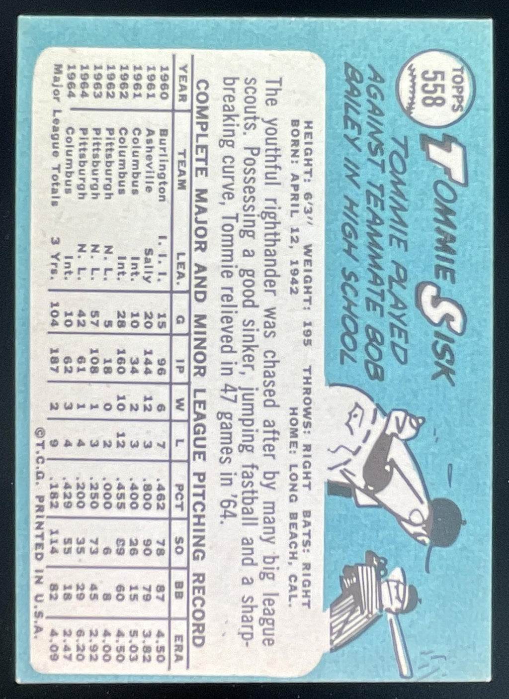 1965 Topps #558 Tommie Sisk product image 2, provided for visual reference and product detail review