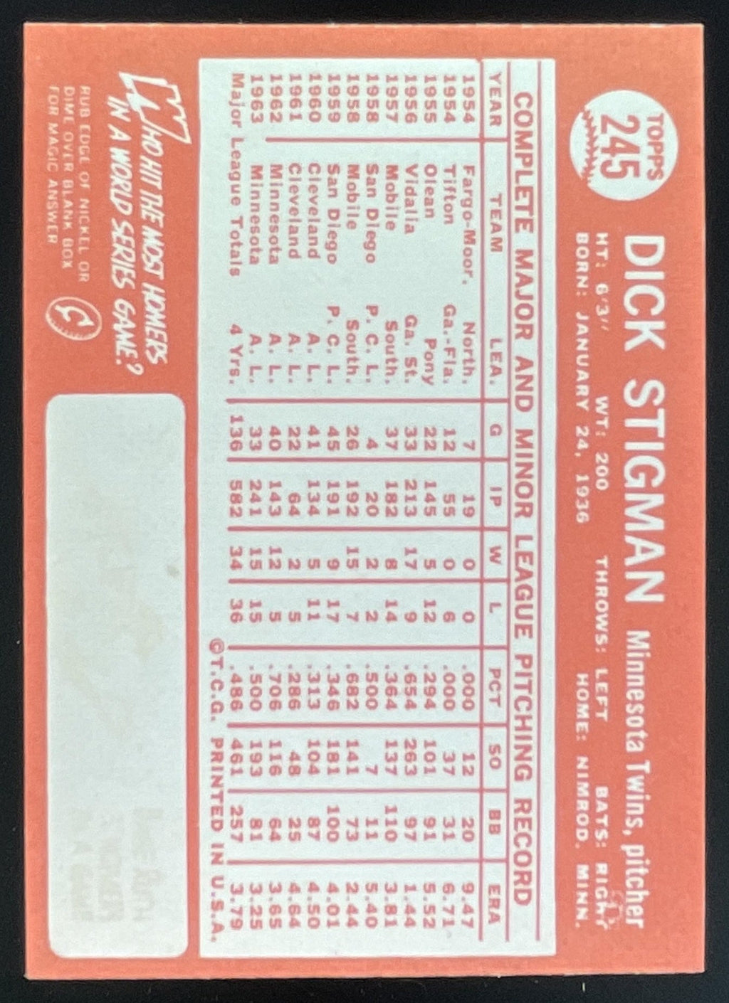 1964 Topps #245 Dick Stigman product image 2, provided for visual reference and product detail review