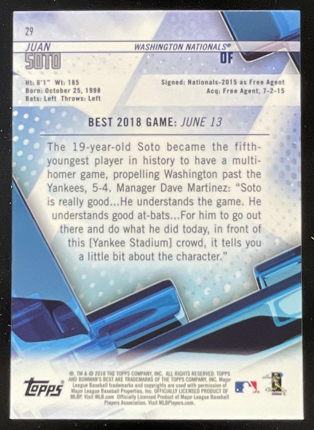 2018 Bowman Bowman's Best #29 Juan Soto RC product image 2, provided for visual reference and product detail review