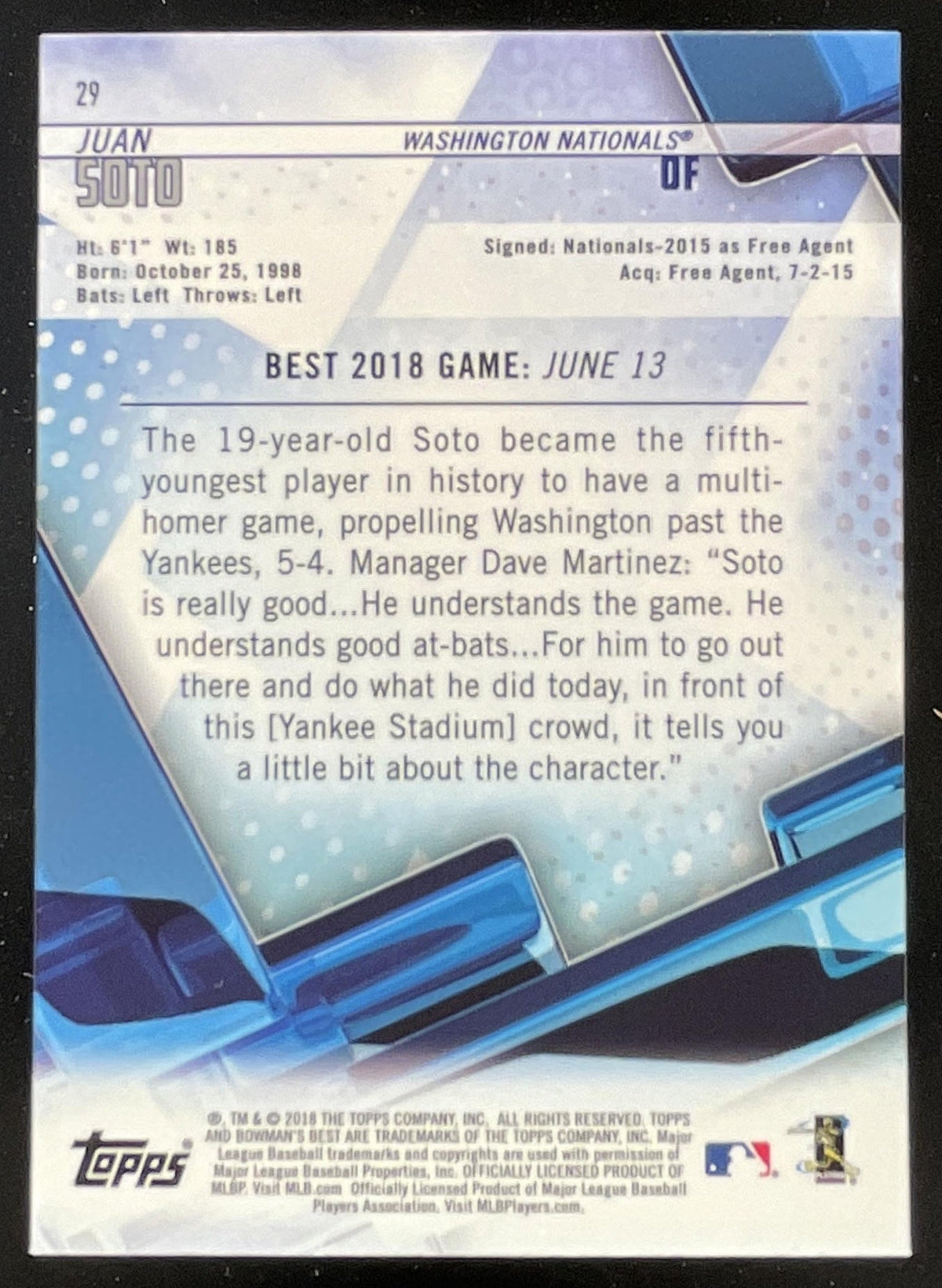 2018 Bowman Bowman's Best #29 Juan Soto RC product image 2, provided for visual reference and product detail review