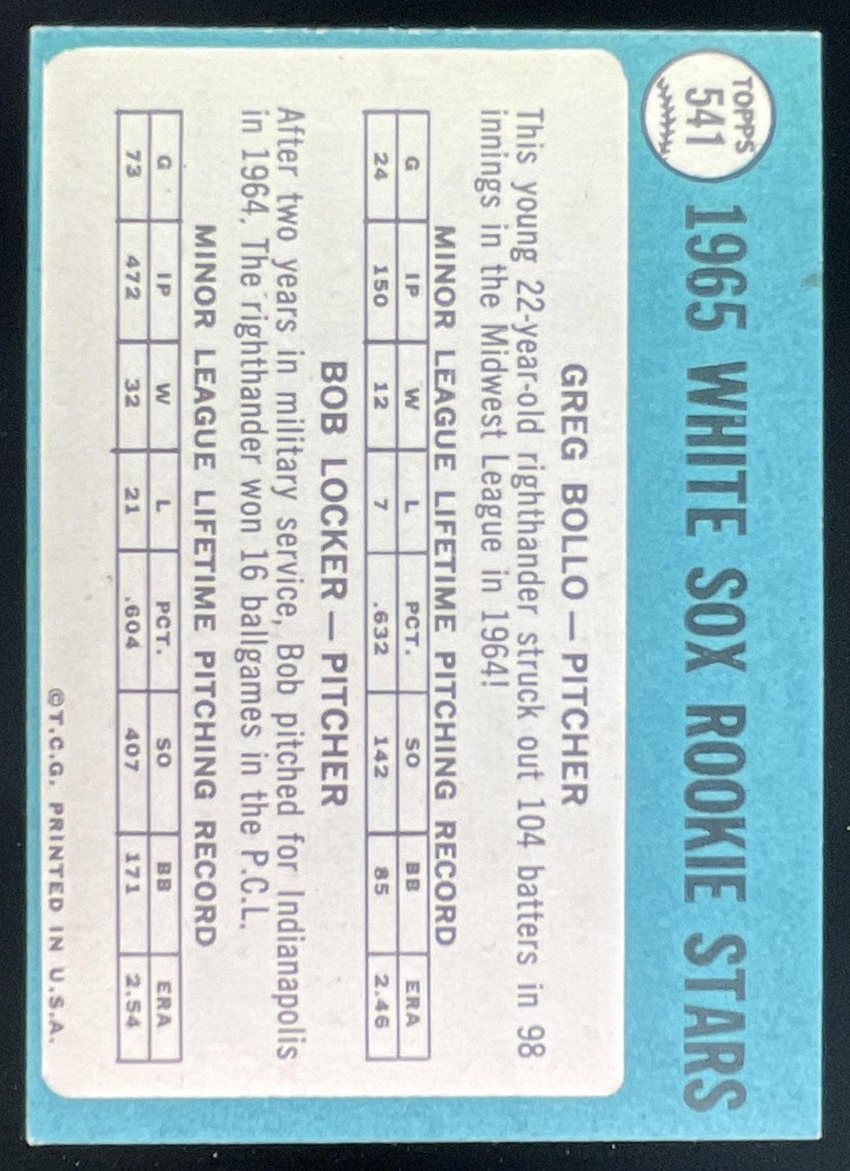 1965 Topps #541 White Sox 1965 Rookie Stars Greg Bollo Bob Locker RS, RC product image 2, provided for visual reference and