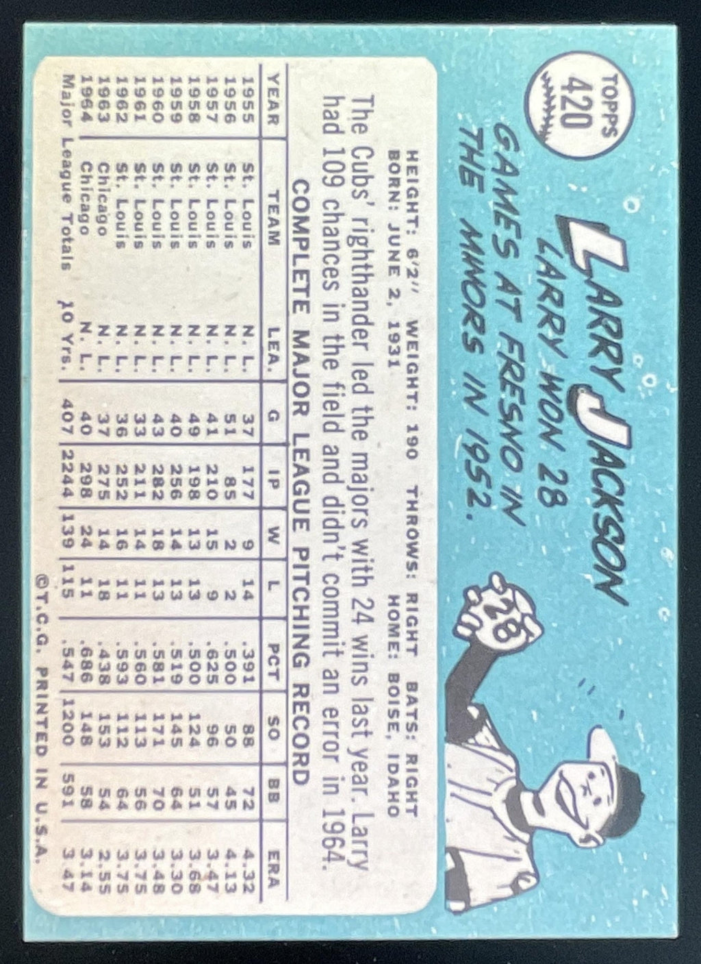 1965 Topps #420 Larry Jackson product image 2, provided for visual reference and product detail review