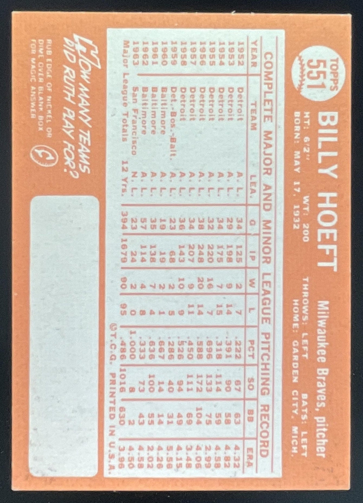 1964 Topps #551 Billy Hoeft product image 2, provided for visual reference and product detail review