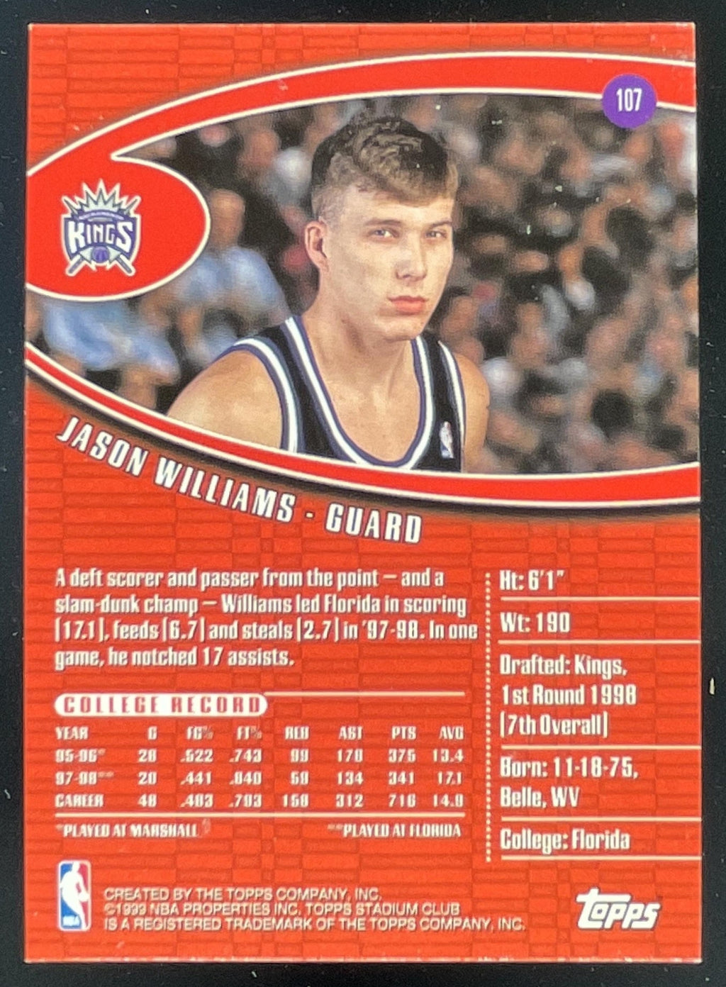 1998-99 Topps 99 Stadium Club #107 Jason Williams RC product image 2, provided for visual reference and product detail review