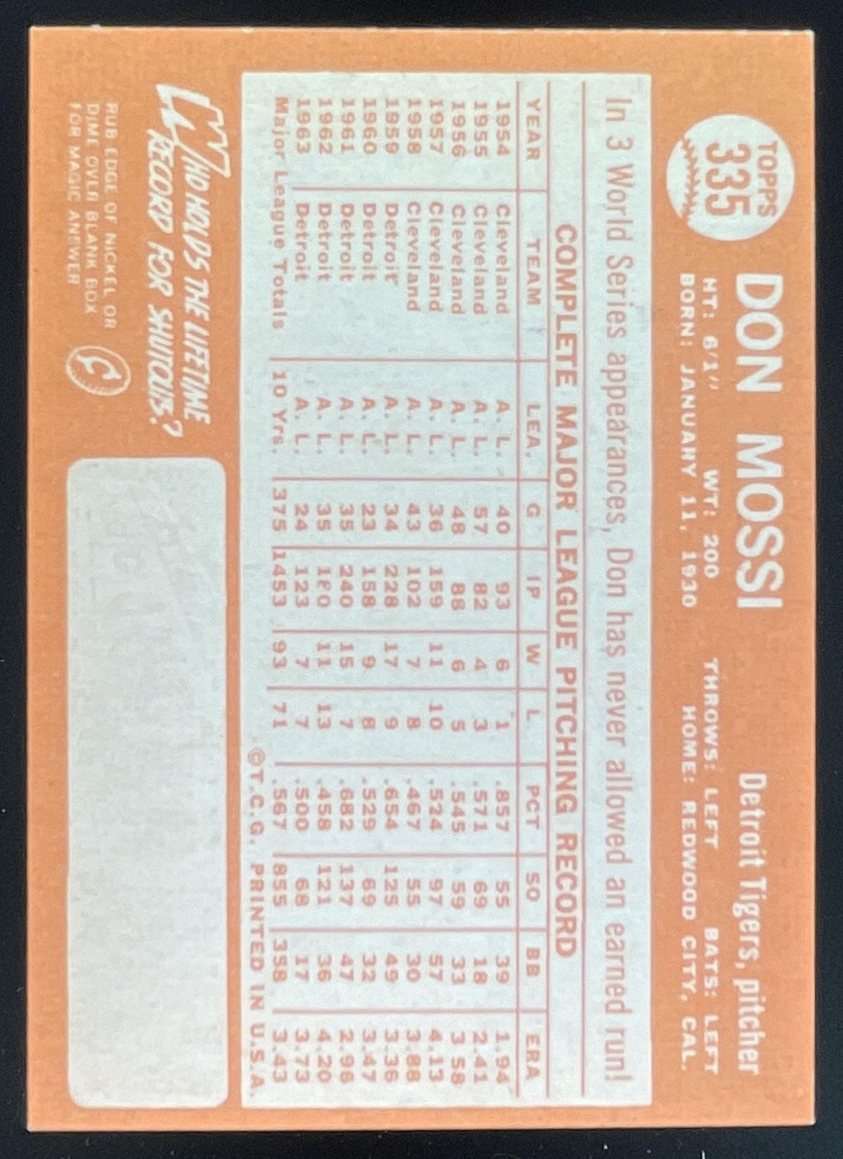1964 Topps #335 Don Mossi product image 2, provided for visual reference and product detail review