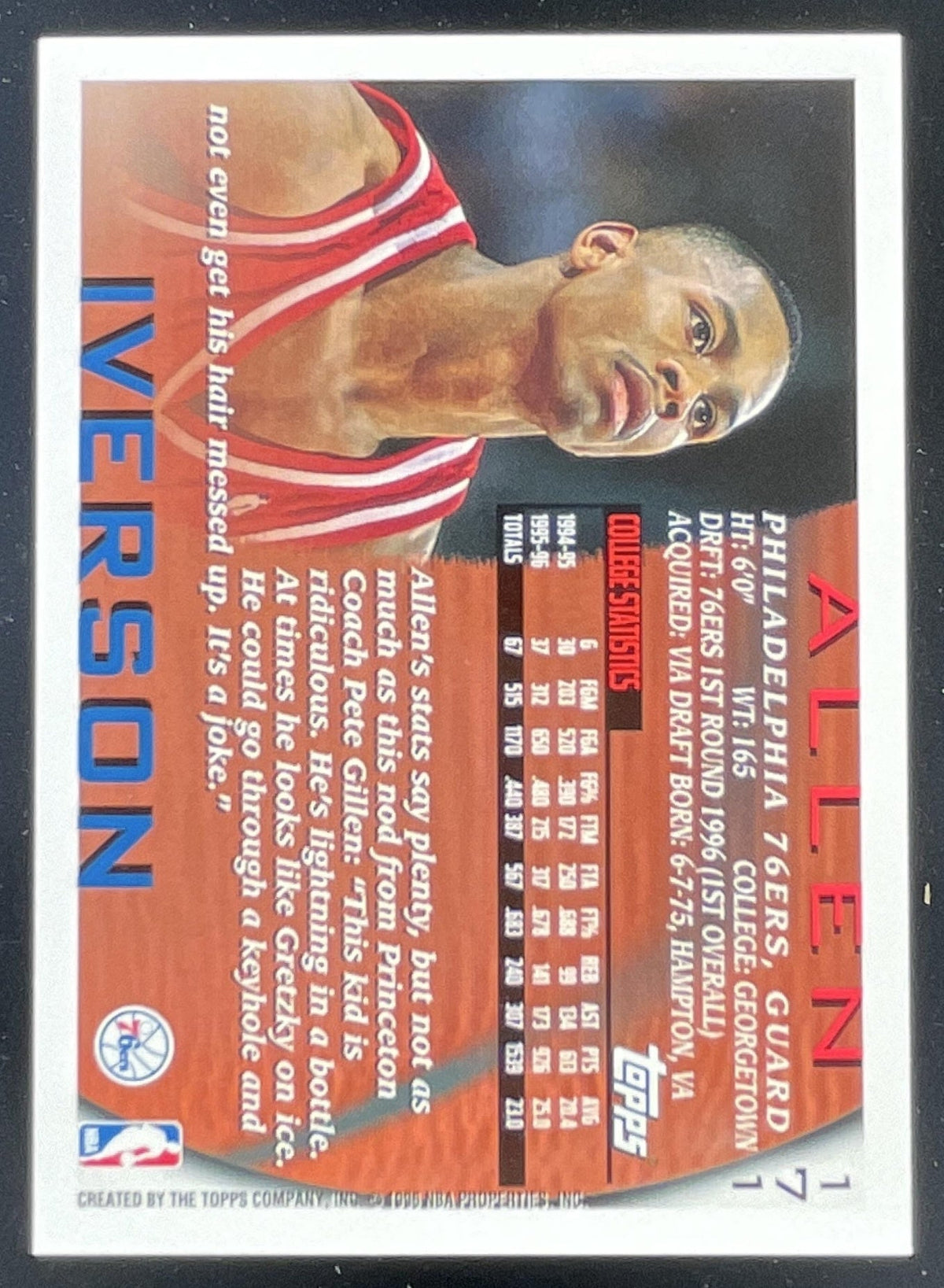 1996-97 Topps #171 Allen Iverson RC product image 2, provided for visual reference and product detail review
