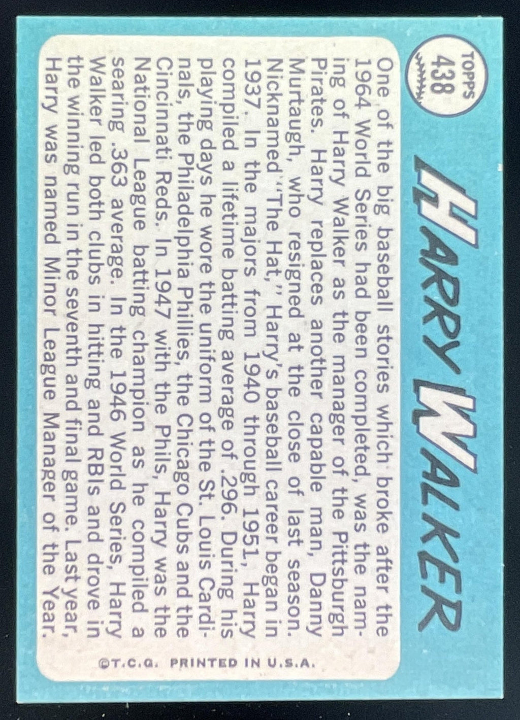 1965 Topps #438 Harry Walker product image 2, provided for visual reference and product detail review