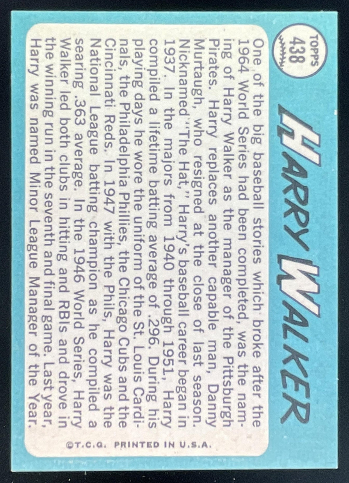 1965 Topps #438 Harry Walker product image 2, provided for visual reference and product detail review