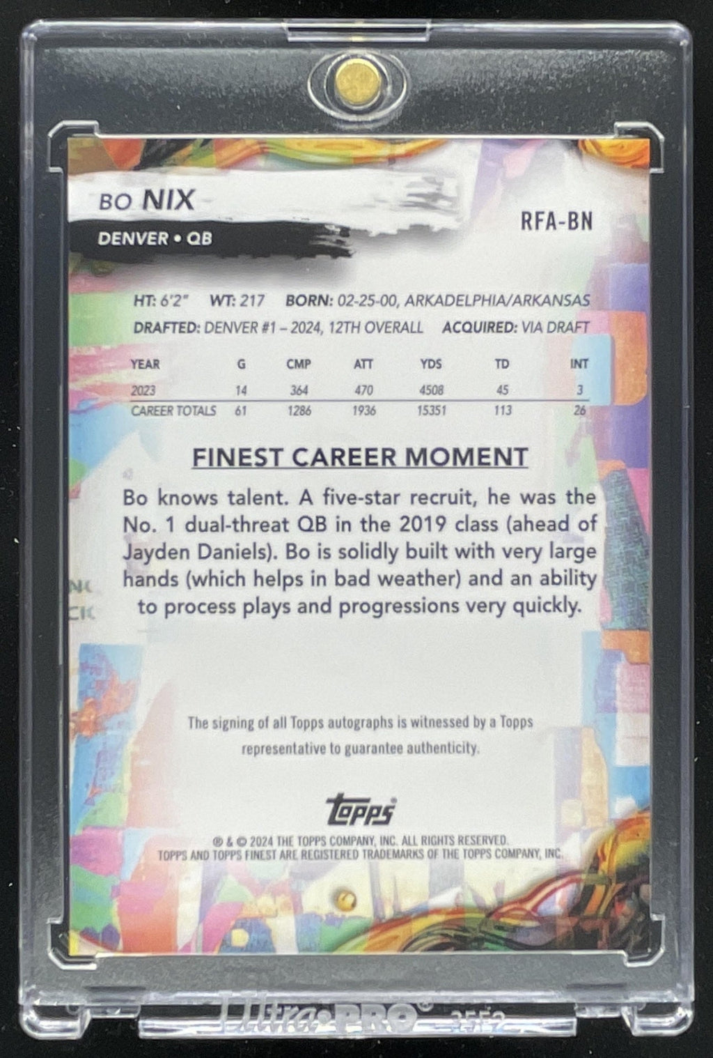 2024 Topps Finest Finest Autographs Black Refractor #RFA-BN Bo Nix RC Auto /25 product image 2, provided for visual