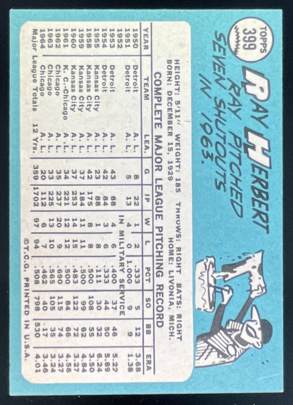 1965 Topps #399 Ray Herbert product image 2, provided for visual reference and product detail review