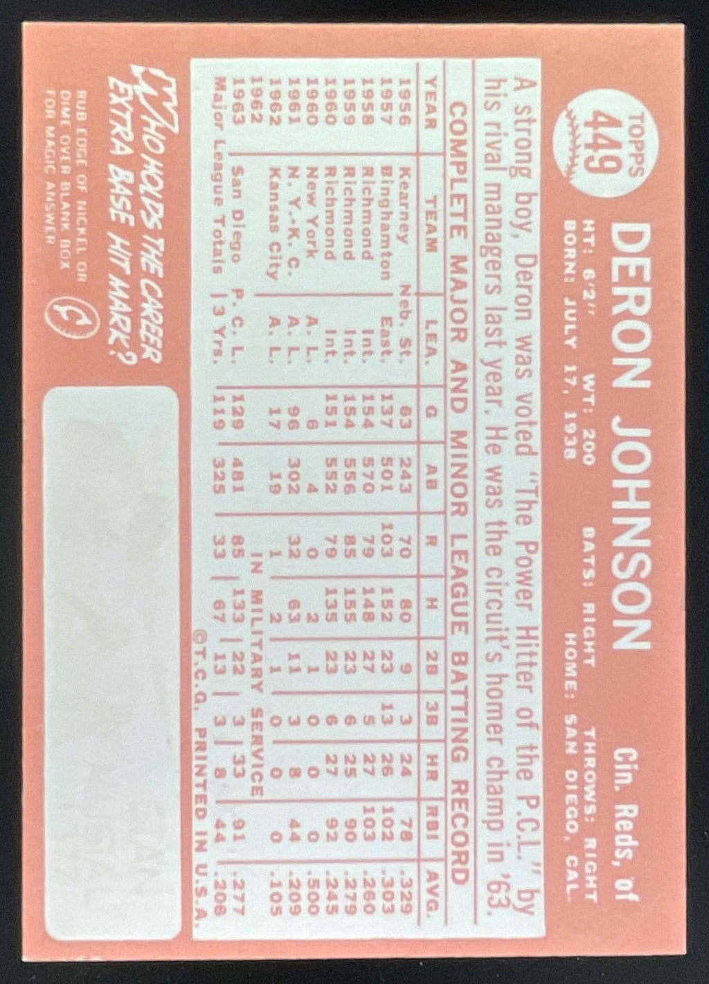 1964 Topps #449 Deron Johnson product image 2, provided for visual reference and product detail review