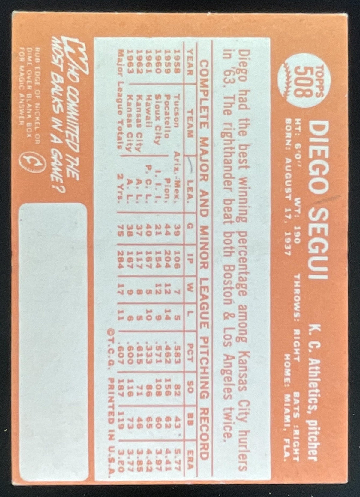 1964 Topps #508 Diego Segui product image 2, provided for visual reference and product detail review