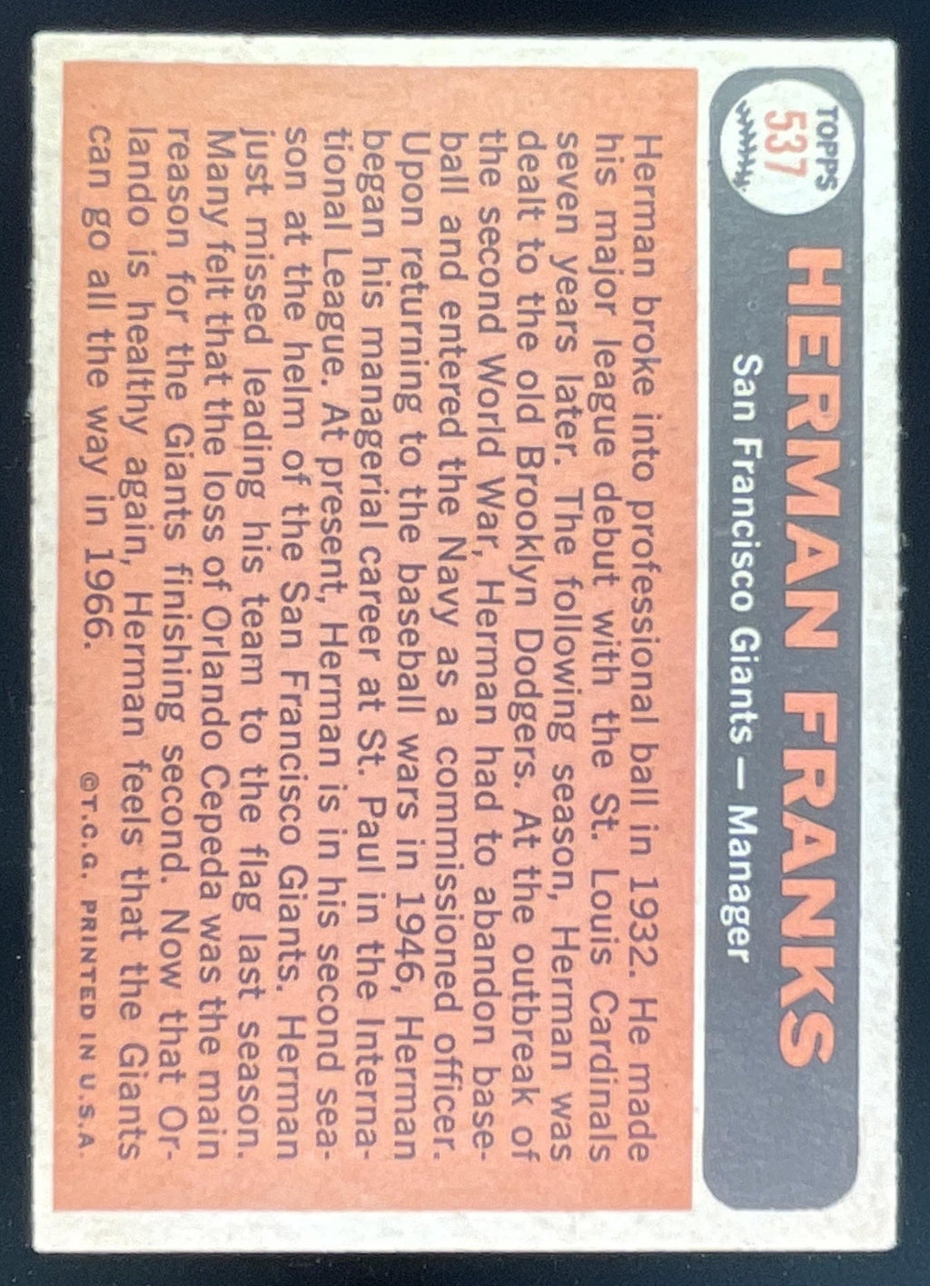 1966 Topps #537 Herman Franks product image 2, provided for visual reference and product detail review