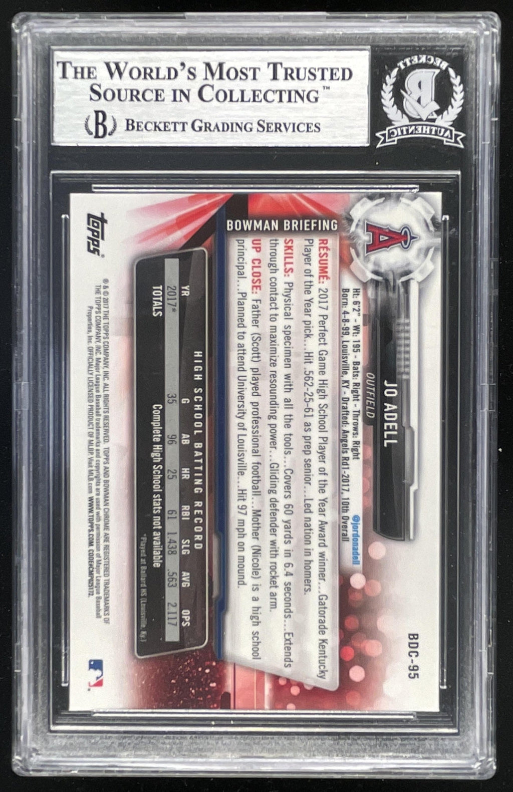 2017 Bowman Draft Chrome #95 Jo Adell RC Base w/on card Auto Beckett Authentic product image 2, provided for visual