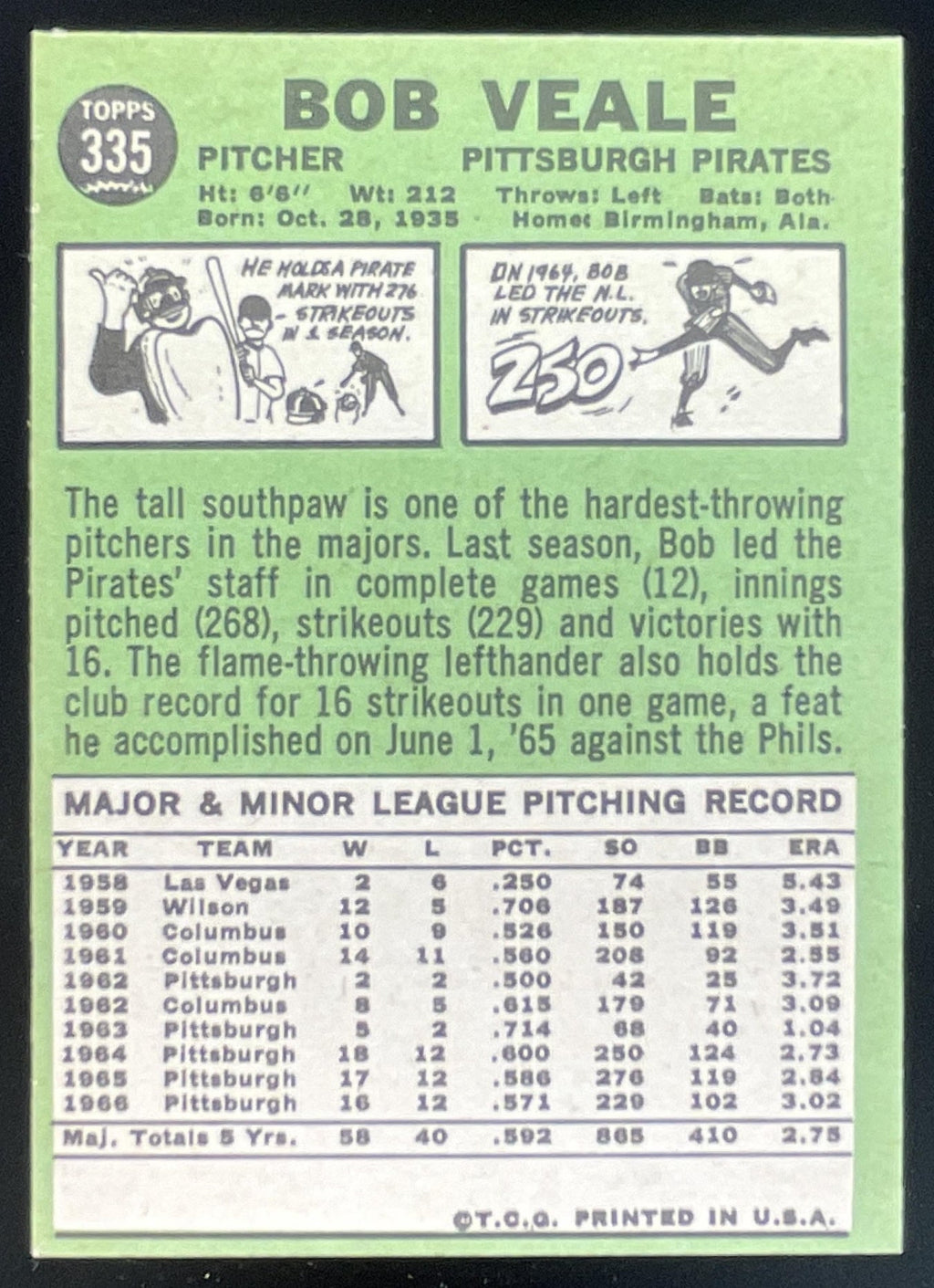 1967 Topps #335 Bob Veale product image 2, provided for visual reference and product detail review