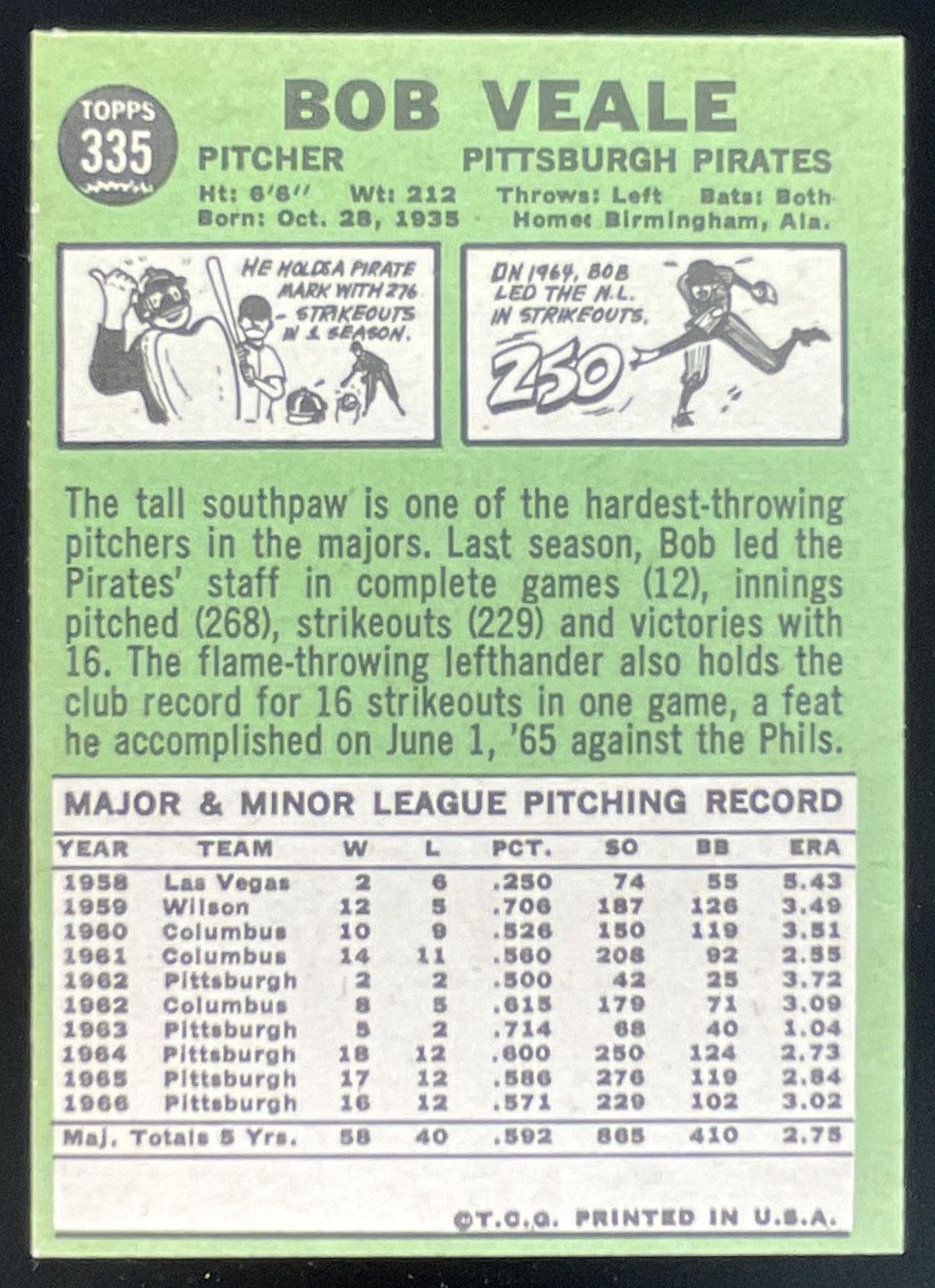 1967 Topps #335 Bob Veale product image 2, provided for visual reference and product detail review