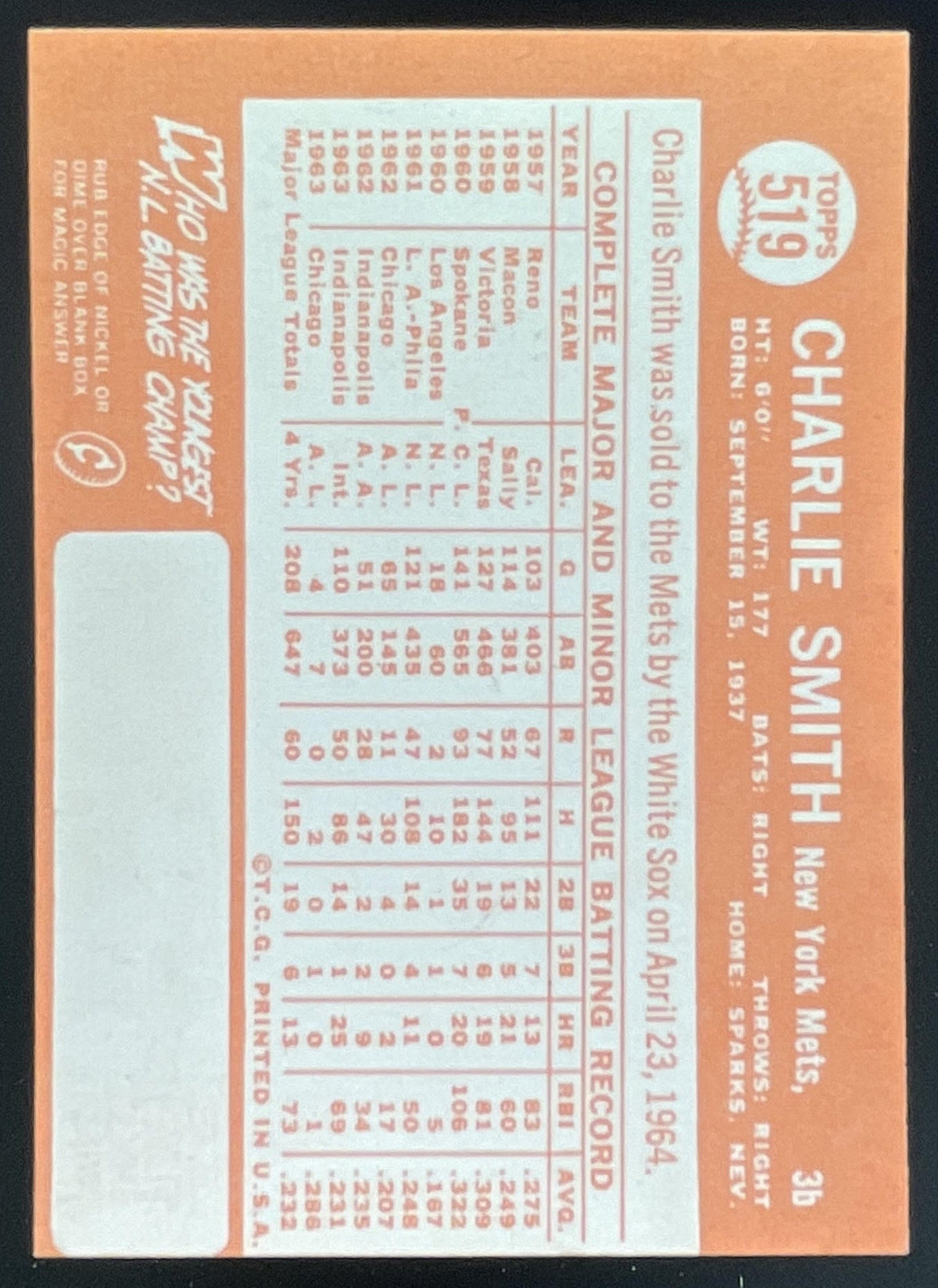 1964 Topps #519 Charlie Smith product image 2, provided for visual reference and product detail review
