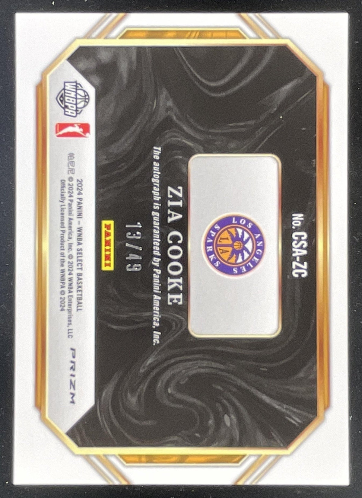 2024 Select WNBA Courtside Action Blue Prizm #CSA-ZC Zia Cooke Auto /49 product image 2, provided for visual reference and