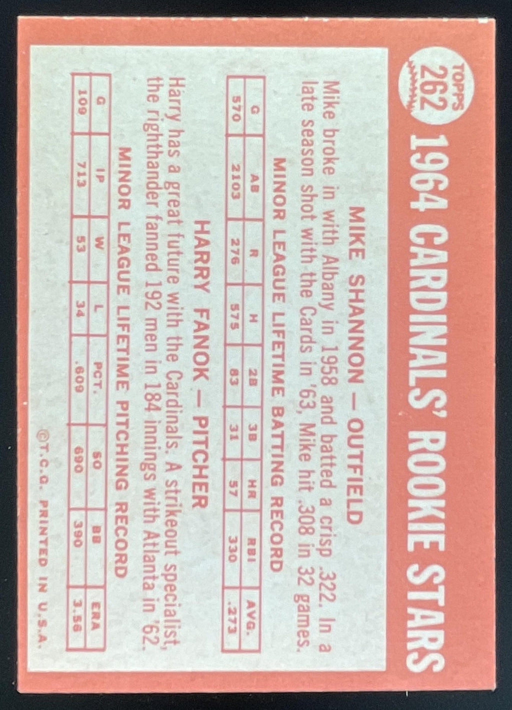 1964 Topps #262 Cardinals 1964 Rookie Stars Mike Shannon Harry Fanok RC product image 2, provided for visual reference and