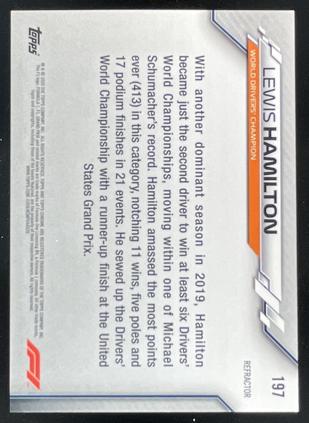 2020 Topps Chrome Formula 1 Refractor #197 Lewis Hamilton Award Winner product image 2, provided for visual reference and