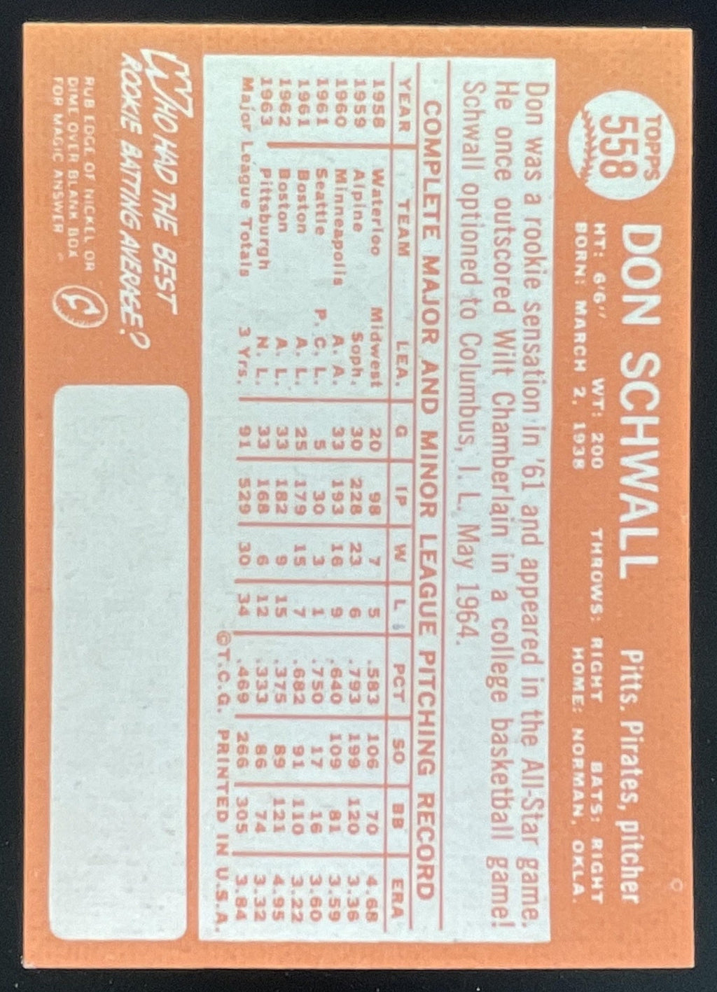 1964 Topps #558 Don Schwall product image 2, provided for visual reference and product detail review