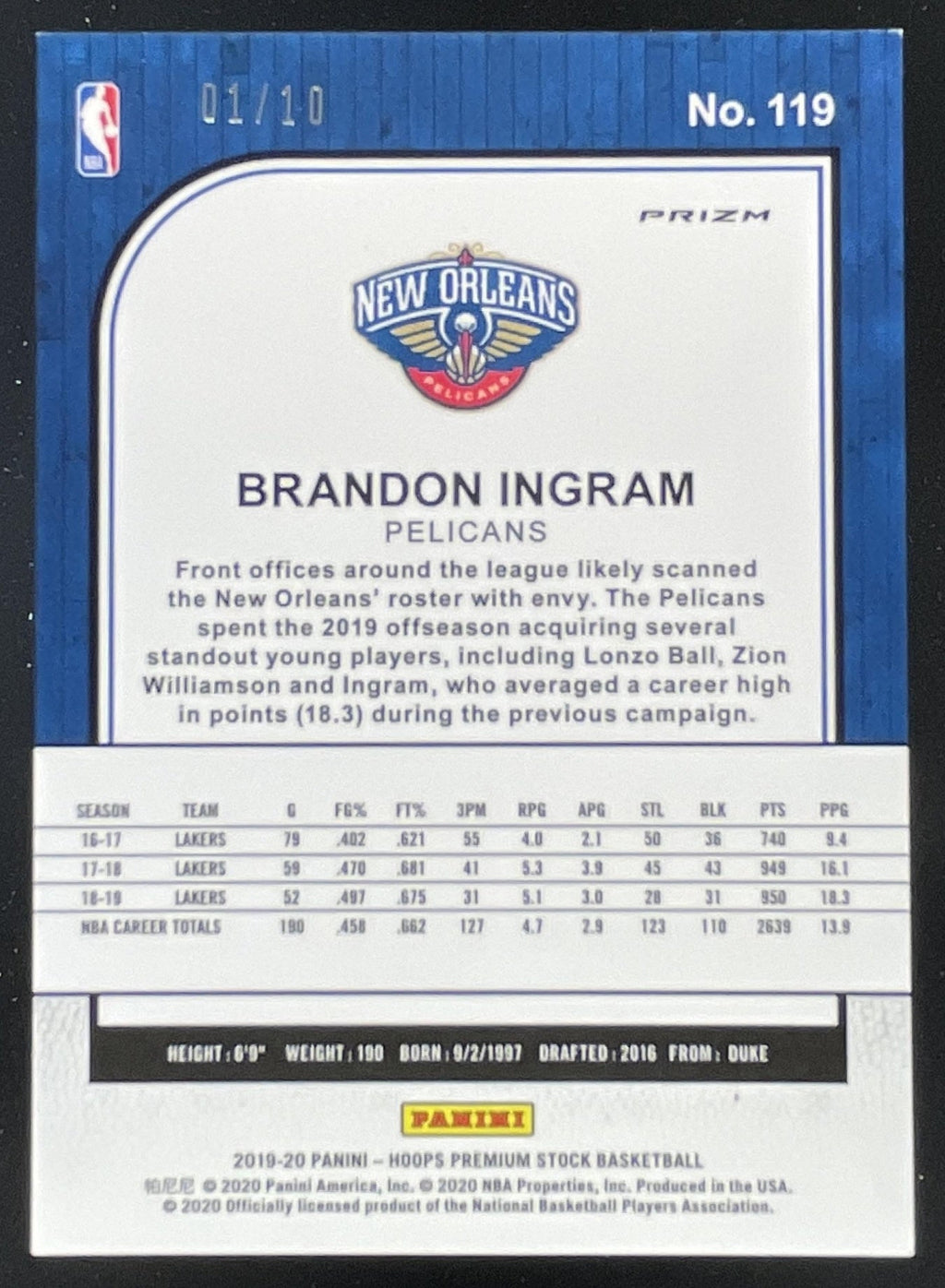 2019-20 Panini Hoops Premium Stock Prizms Gold Mojo #119 Brandon Ingram /10 product image 2, provided for visual reference