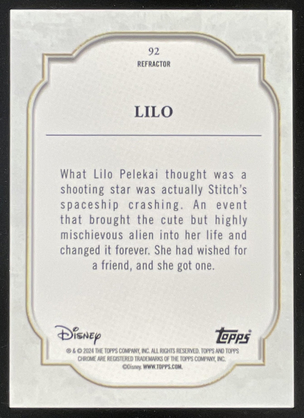 2024 Topps Chrome Disney Refractor #92 Lilo product image 2, provided for visual reference and product detail review