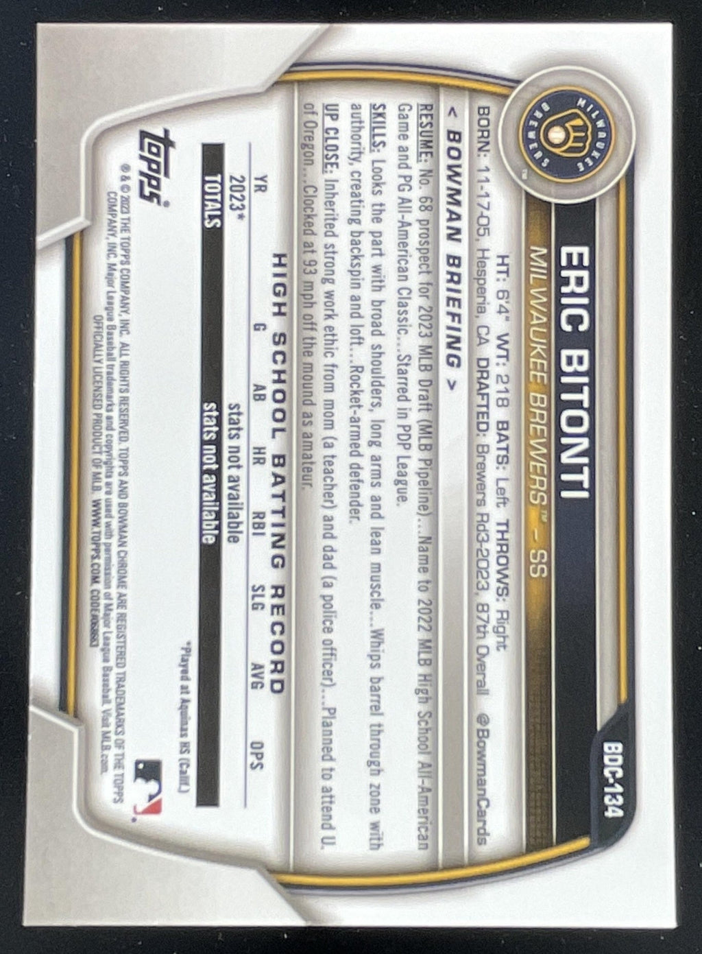 2023 Bowman Draft Sapphire Chrome #BDC-134 Eric Bitonti RC product image 2, provided for visual reference and product detail