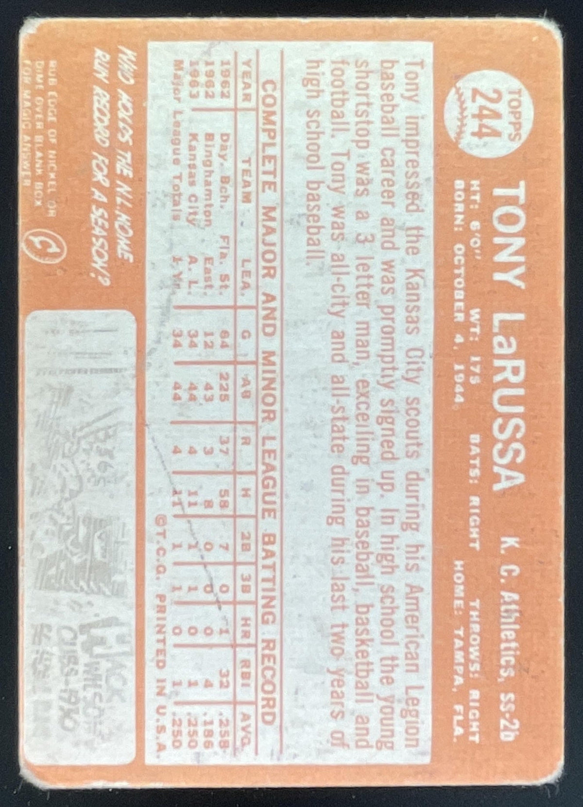 1964 Topps #244 Tony La Russa RC product image 2, provided for visual reference and product detail review