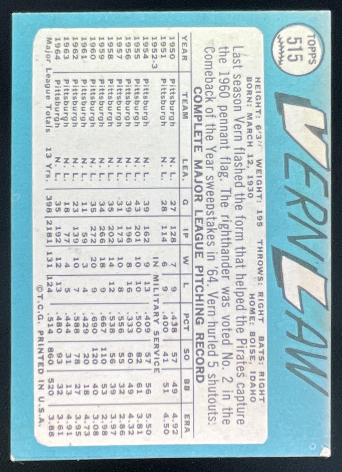 1965 Topps #515 Vern Law product image 2, provided for visual reference and product detail review