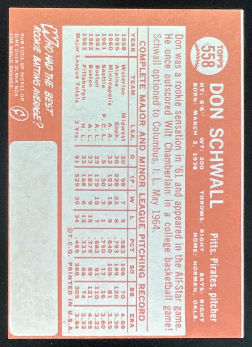1964 Topps #558 Don Schwall product image 2, provided for visual reference and product detail review