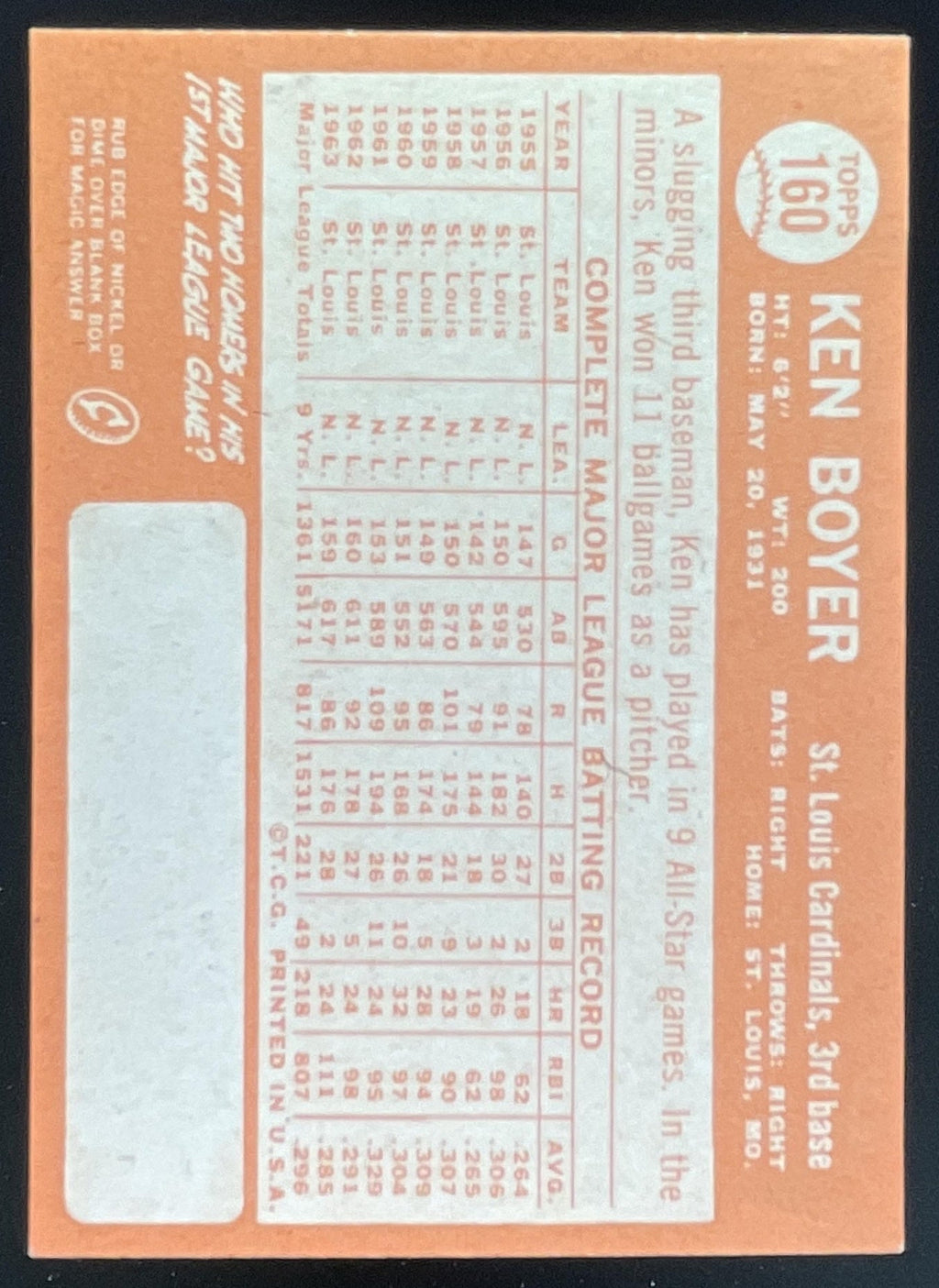 1964 Topps #160 Ken Boyer product image 2, provided for visual reference and product detail review