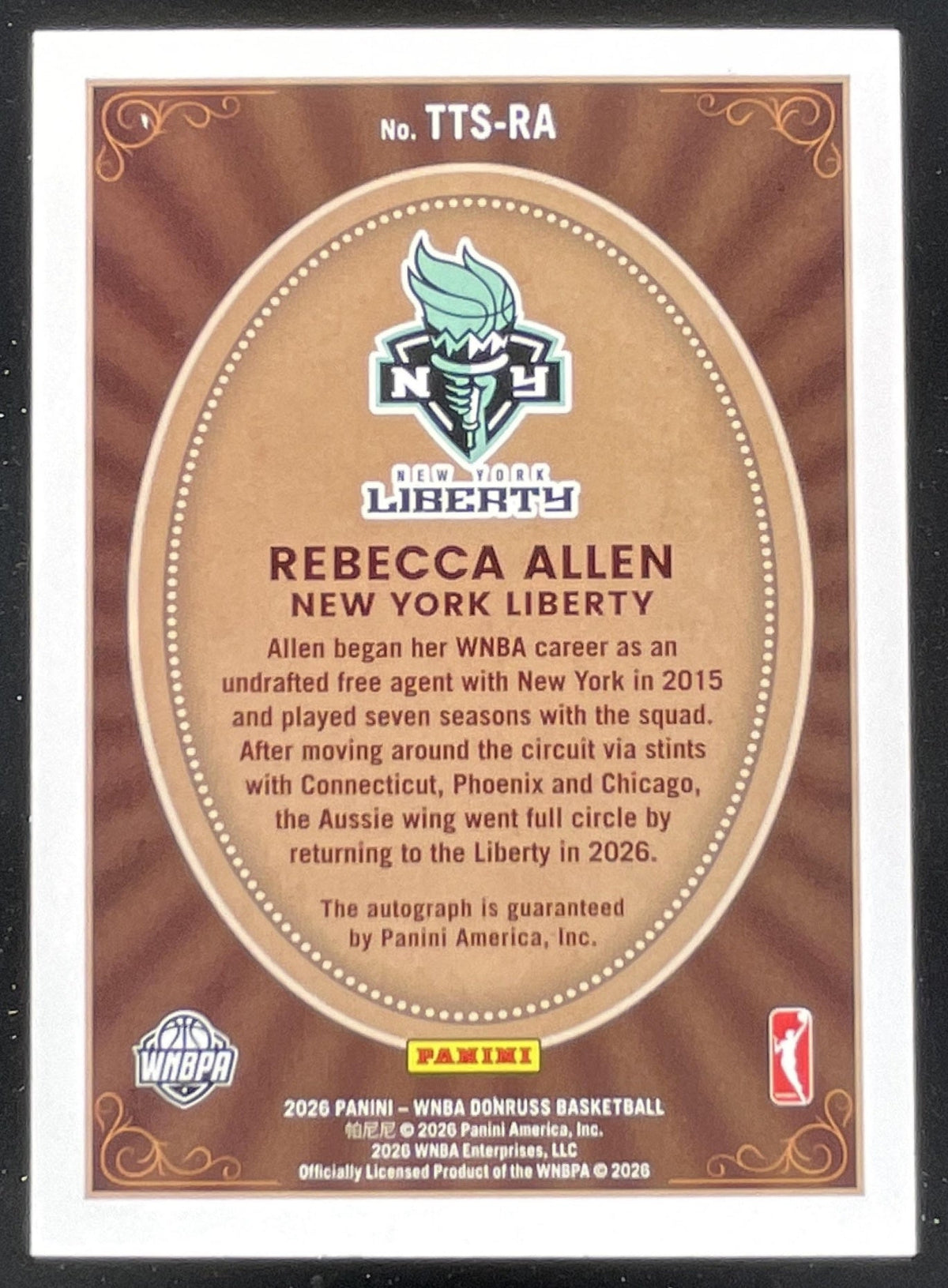 2026 Donruss WNBA Timeless Treasures Holo Black Laser #RA Rebecca Allen Auto 1/1 product image 2, provided for visual