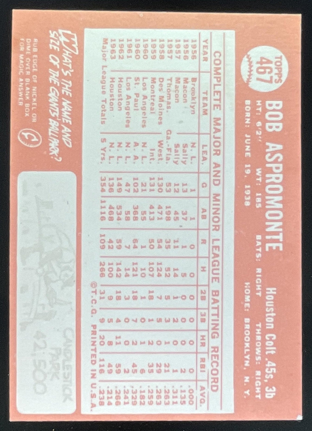 1964 Topps #467 Bob Aspromonte product image 2, provided for visual reference and product detail review
