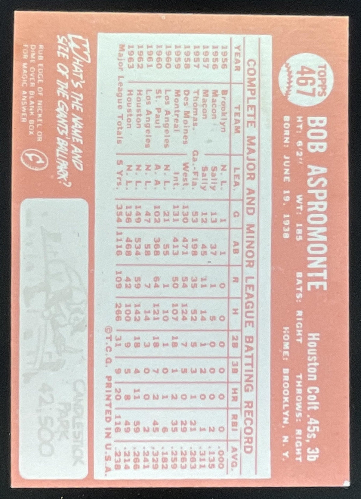 1964 Topps #467 Bob Aspromonte product image 2, provided for visual reference and product detail review