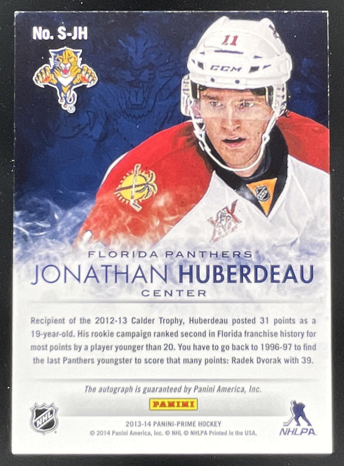 2013-14 Prime Signatures Gold #S-JH Jonathan Huberdeau RC Auto /25 product image 2, provided for visual reference and