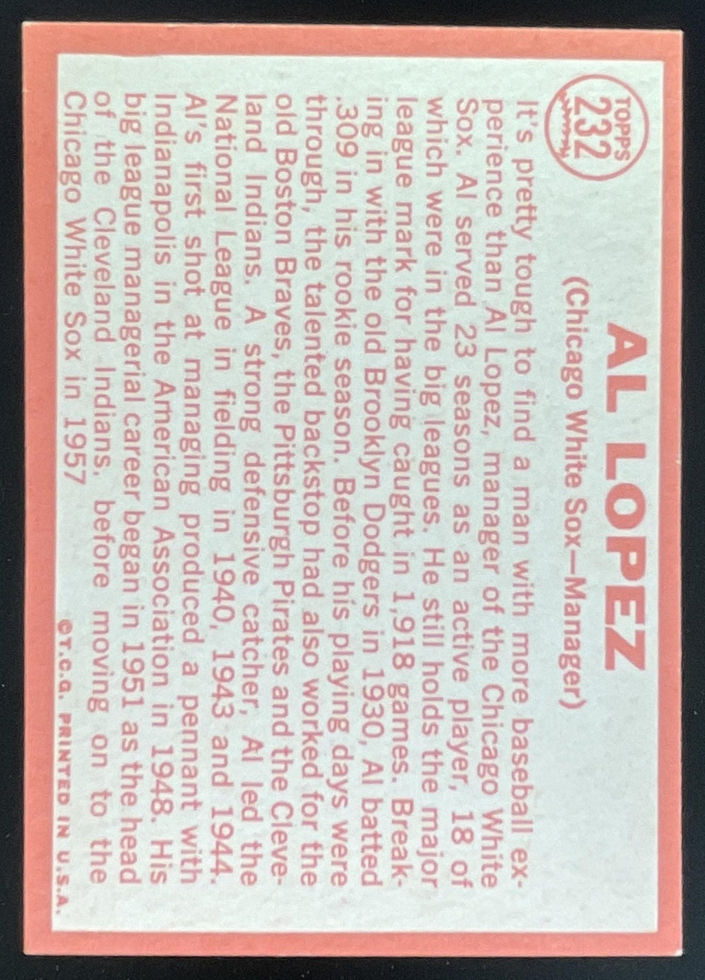 1964 Topps #232 Al Lopez product image 2, provided for visual reference and product detail review