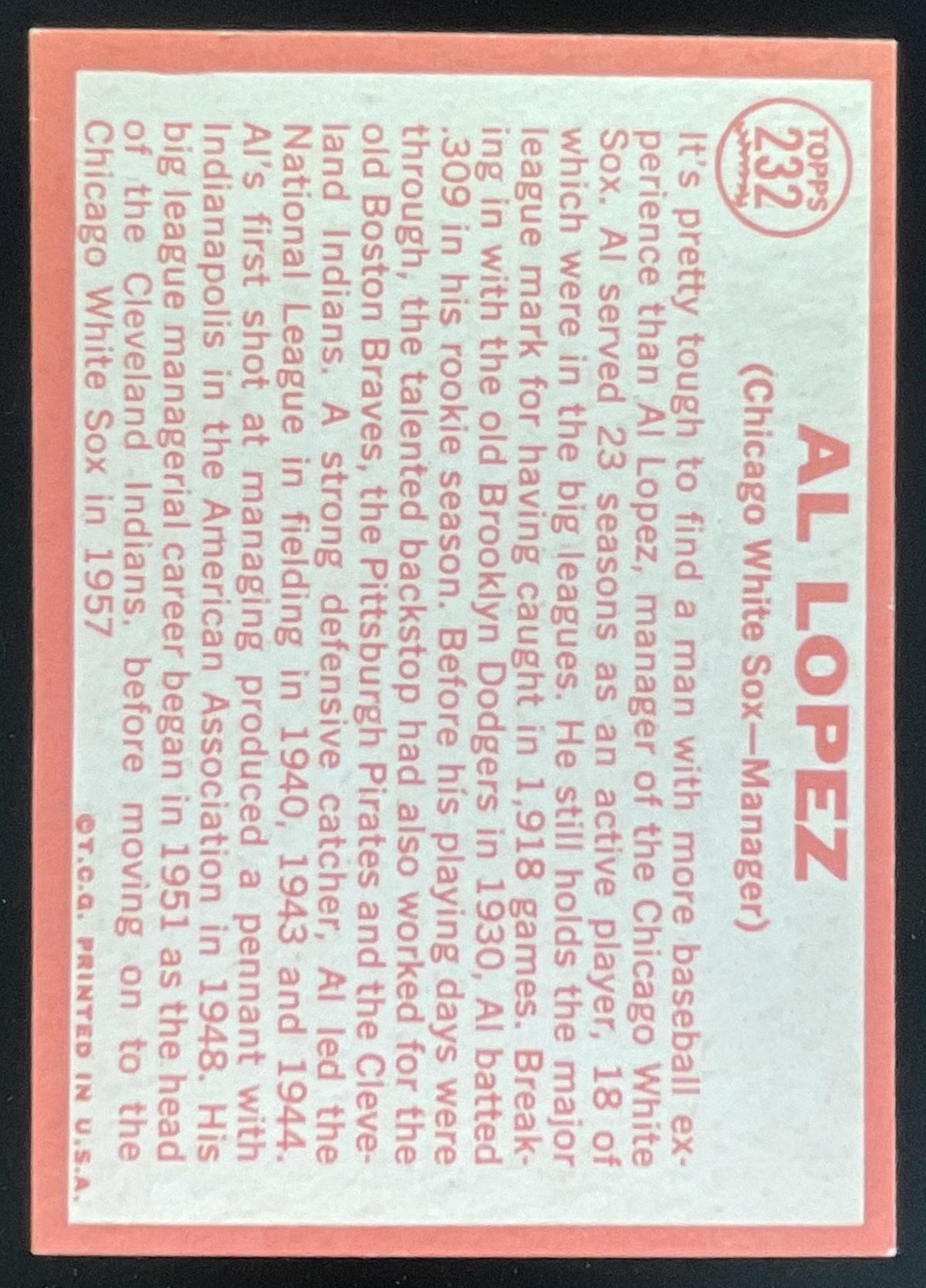 1964 Topps #232 Al Lopez product image 2, provided for visual reference and product detail review